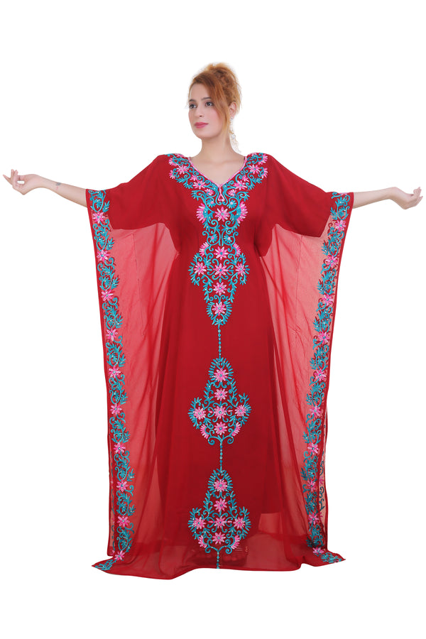 Red Aari Stone Work Georgette Islamic Style Beads Embedded Partywear Kaftan Long Gown Evening wear Dubai kaftan