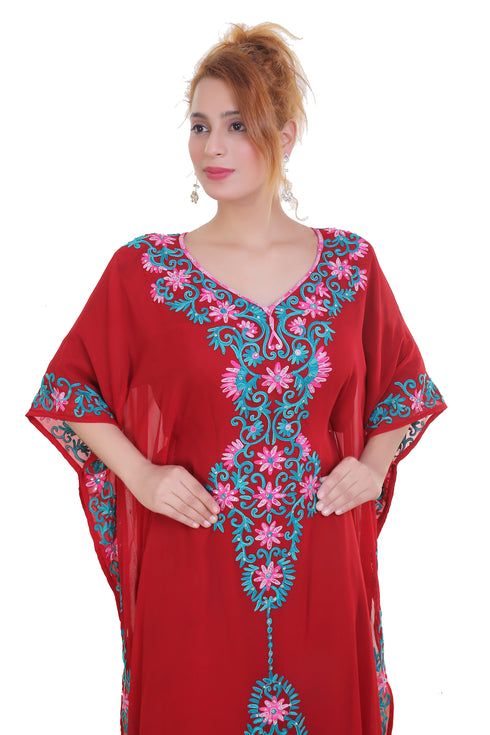 Red Aari Stone Work Georgette Islamic Style Beads Embedded Partywear Kaftan Long Gown Evening wear Dubai kaftan