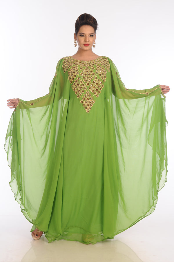 Dark Parrot Green Georgette Embroidered Zari Work Islamic Kaftans