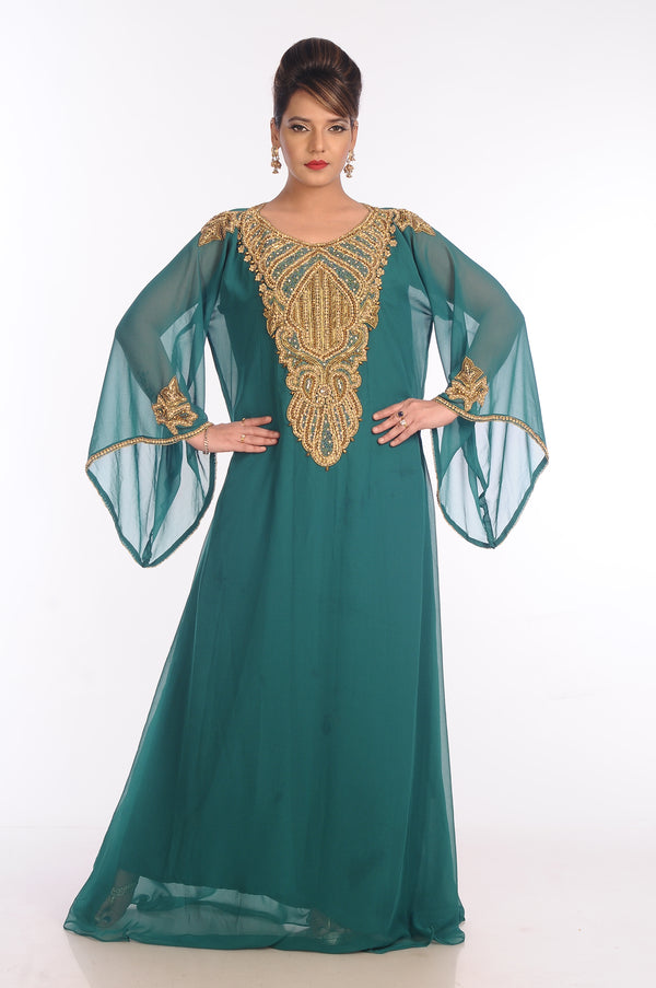 Teal Georgette Embroidered Zari Work Islamic Kaftans