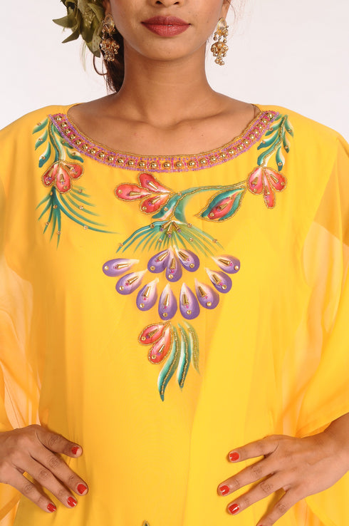 Yellow Embroidered Georgette Islamic Kaftans With Zari Work