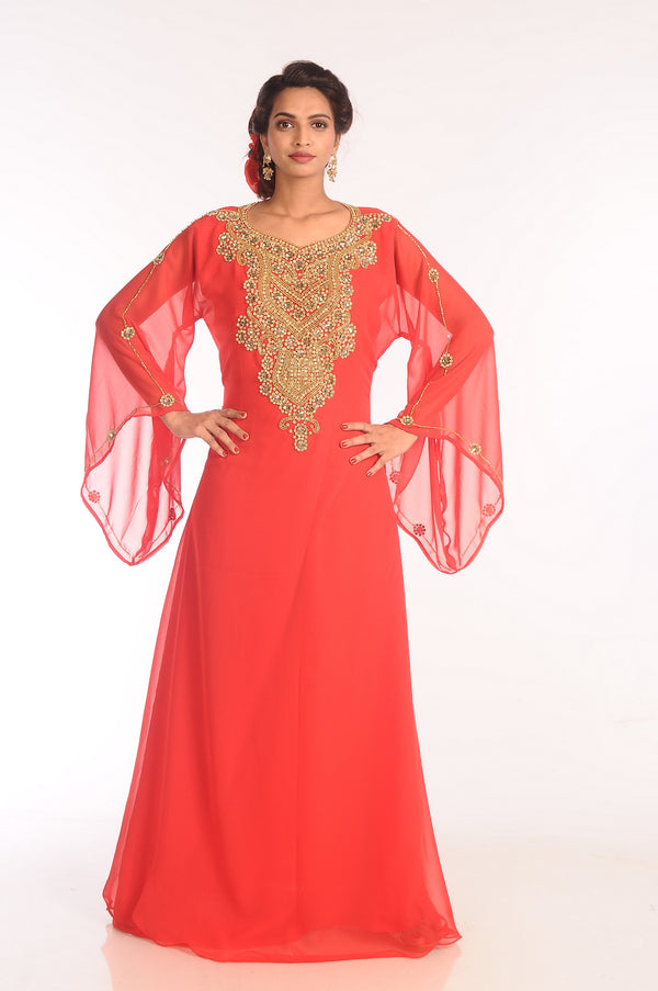 Red Embroidered Georgette Islamic Kaftans With Zari Work