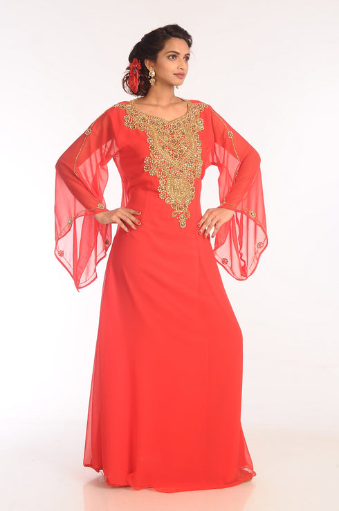 Red Embroidered Georgette Islamic Kaftans With Zari Work
