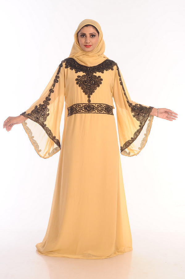 Beige Embroidered Georgette Islamic Kaftans With Zari Work