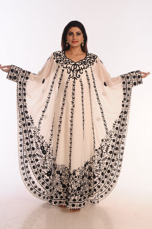 Off White Embroidered Georgette Islamic Kaftans With Zari Work
