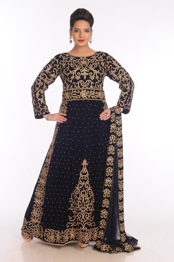 Navy Blue Velvet Embroidered Zari Work Islamic Kaftans