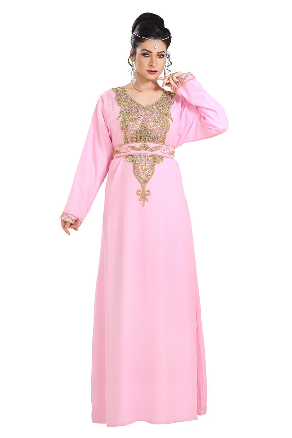 Baby Pink Hand Embroidered Georgette Dubai Kaftan