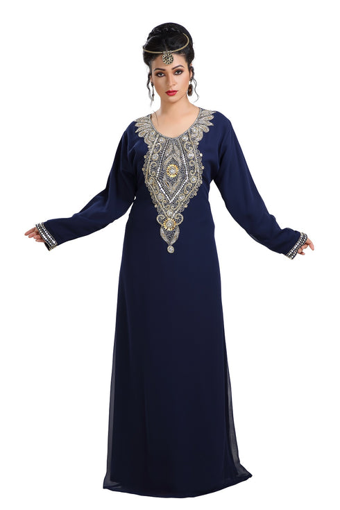 Navy Blue Hand Embroidered Georgette Haute Coutre Designer Abaya