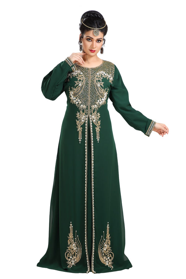 Bottle Green Hand Embroidered Georgette Traditional Kaftan