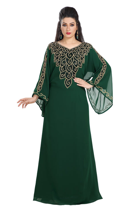 Bottle Green Hand Embroidered Georgette Kurdish Dress