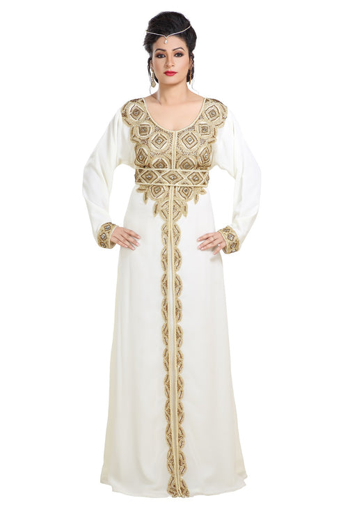 Cream Hand Embroidered Georgette Prom Dress