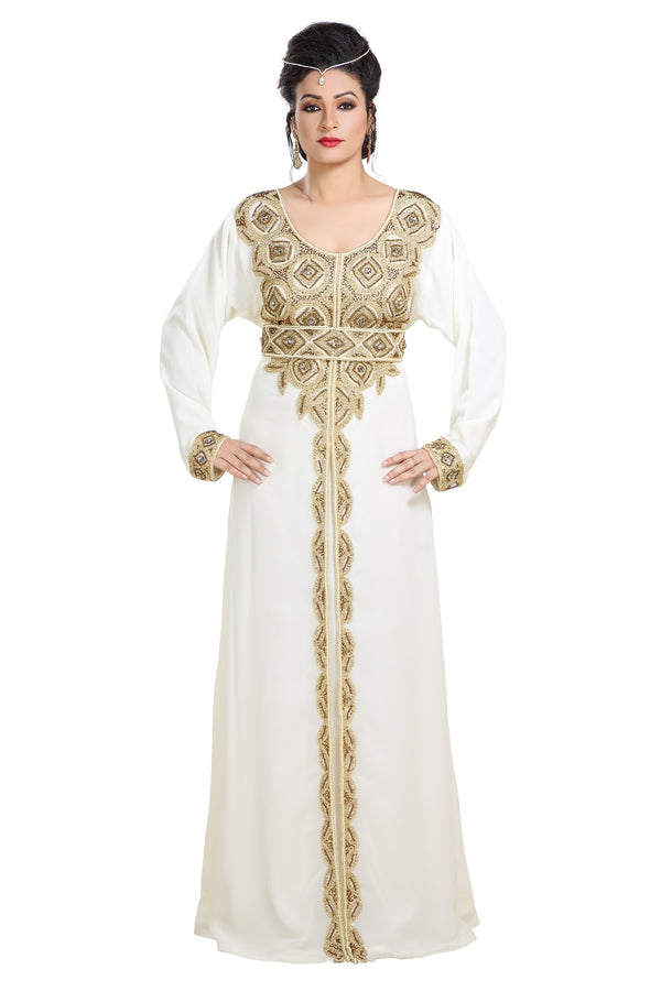 Cream Hand Embroidered Georgette Prom Dress