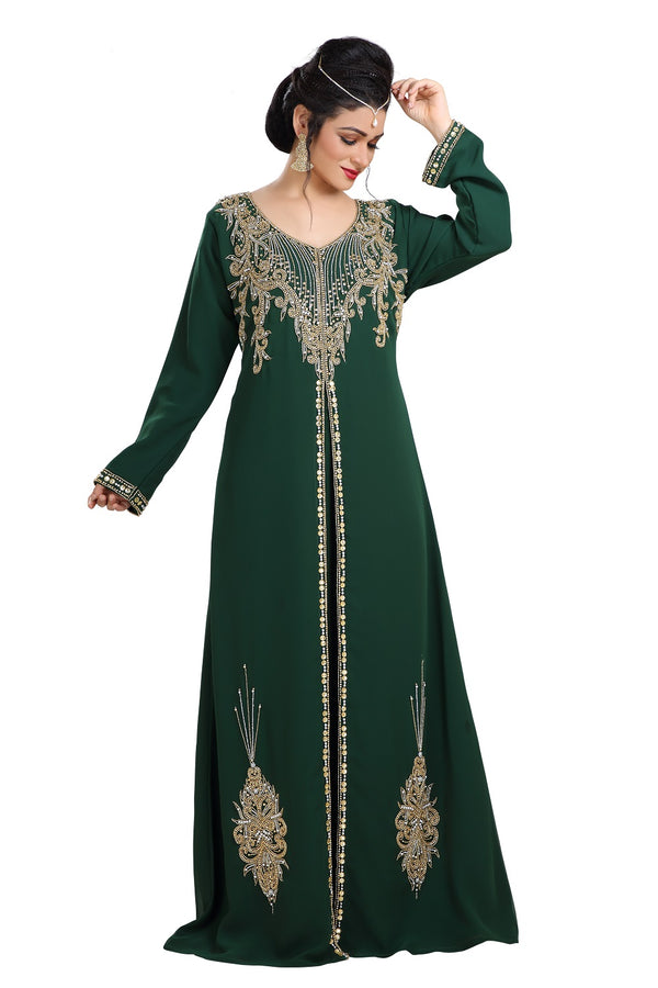 Bottle Green Hand Embroidered Georgette Henna Party Dress
