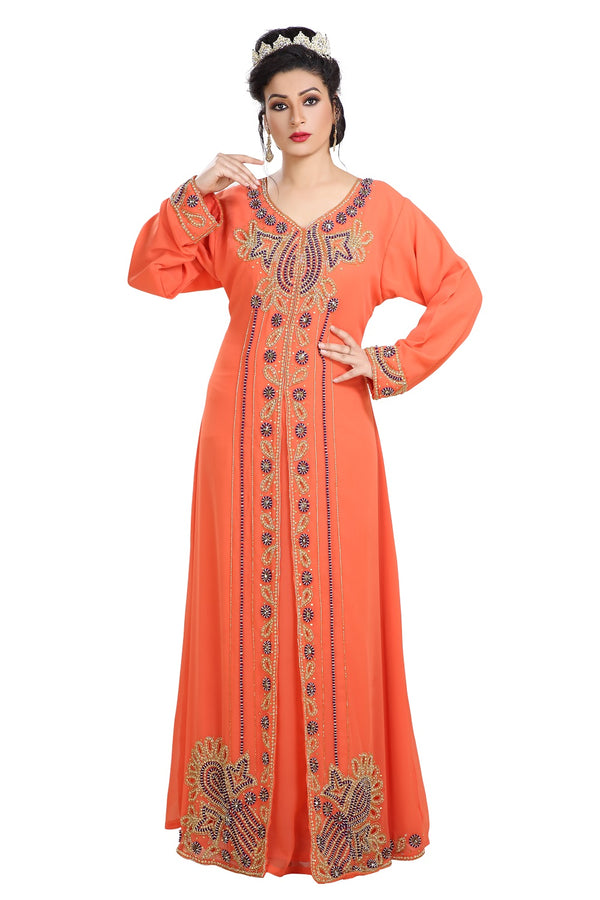 Orange Hand Embroidered Georgette Kurdish Dress