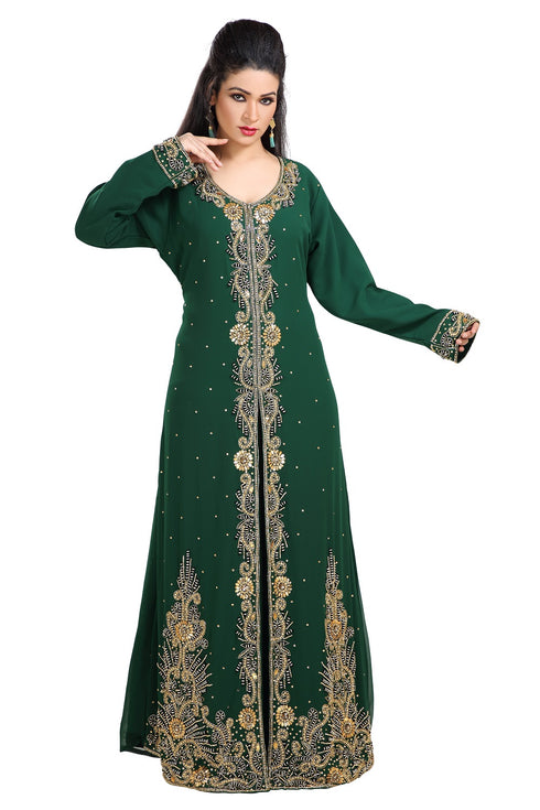 Bottle Green Hand Embroidered Georgette Khaleeji Thobe