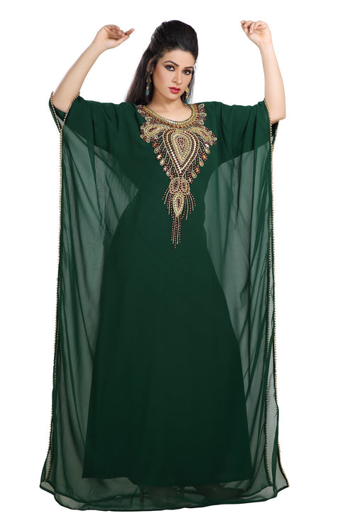 Bottle Green Hand Embroidered Georgette Moroccan Kaftan
