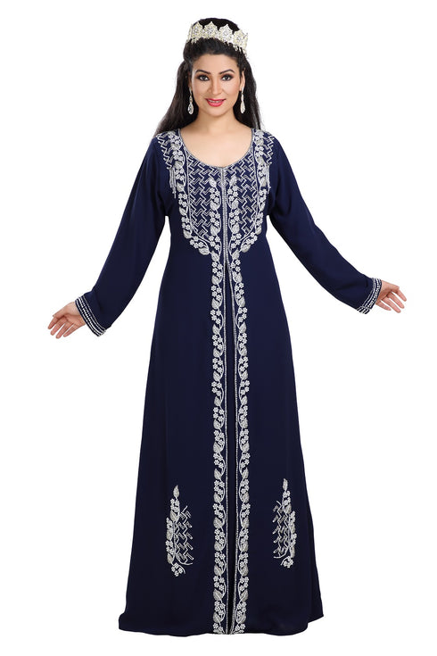 Navy Blue Hand Embroidered Georgette Traditional Algerian Kaftan