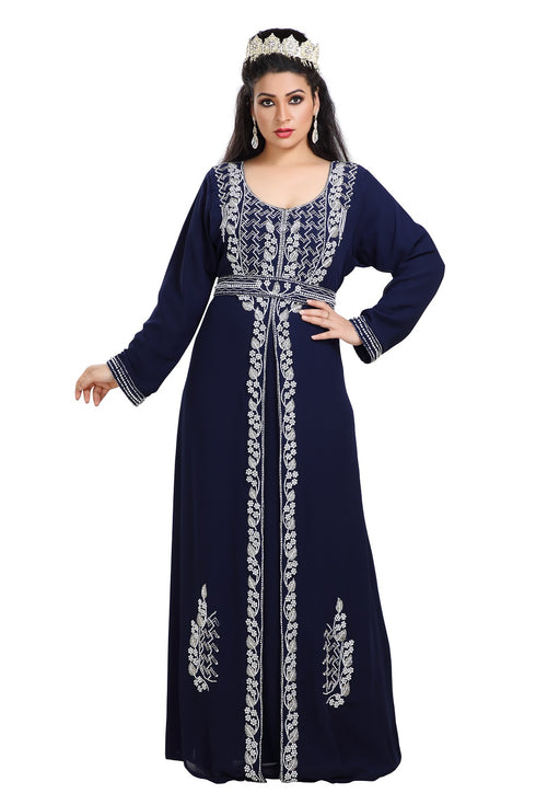 Navy Blue Hand Embroidered Georgette Traditional Algerian Kaftan