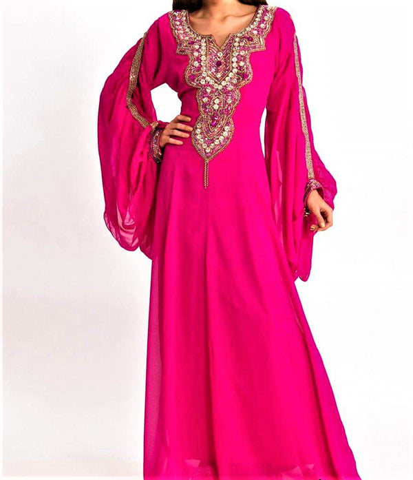 Vibrant Hot Pink Kaftan Dress with Zari Work | Elegant Party & Event Wear