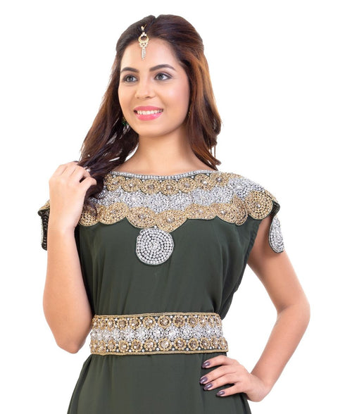 Olive Georgette Embroidered Zari Work Islamic Kaftan