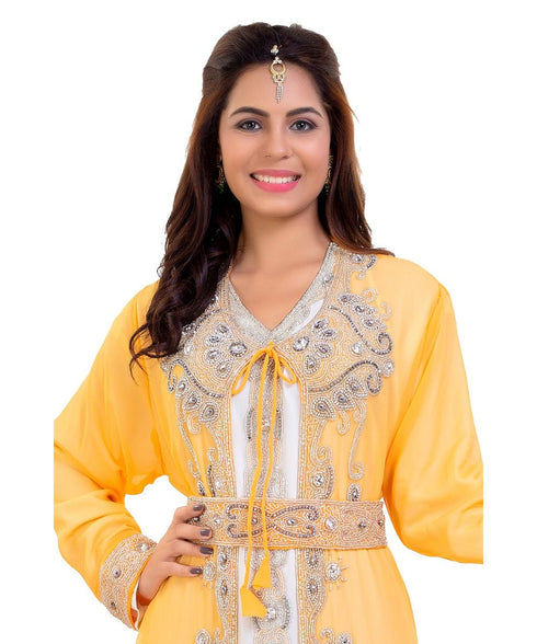 Yellow Georgette Embroidered Zari Work Islamic Kaftan