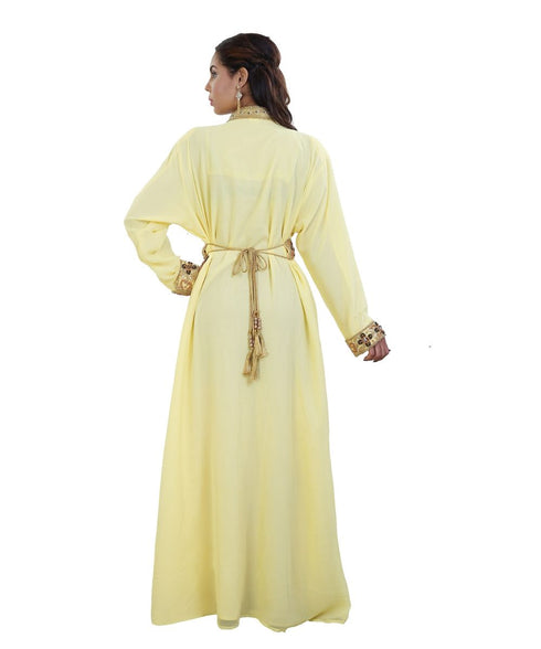 Yellow Georgette Embroidered Zari Work Kaftan