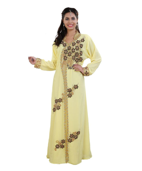 Yellow Georgette Embroidered Zari Work Kaftan