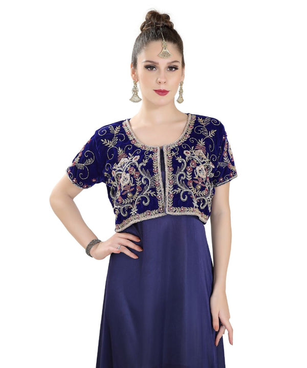 Blue Velvet Embroidered Zari Work Islamic Kaftan