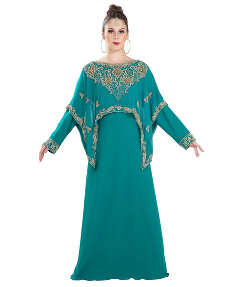 Turquoise Georgette Embroidered Zari Work Islamic Kaftan