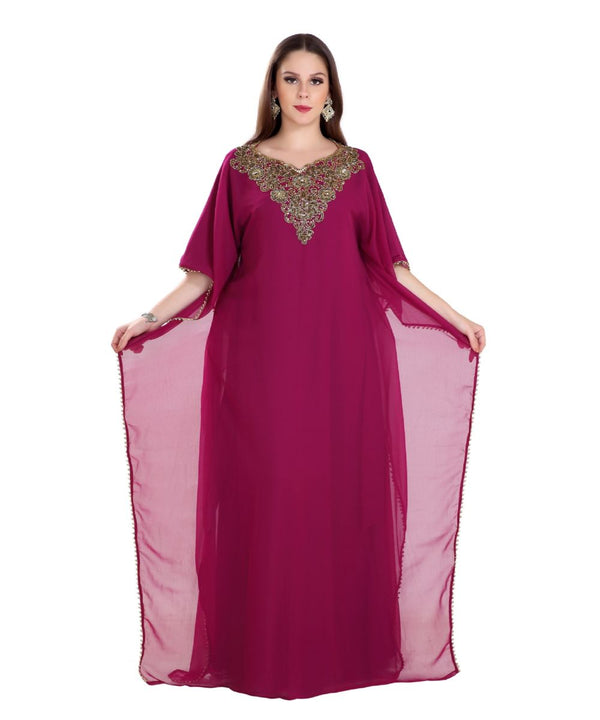 Wine Georgette Embroidered Zari Work Kaftan