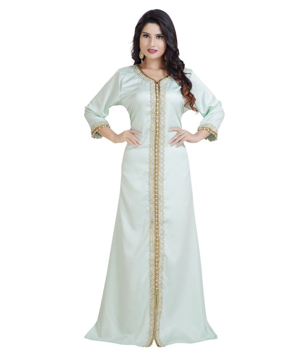 Green Satin Embroidered Zari Work Islamic Kaftan