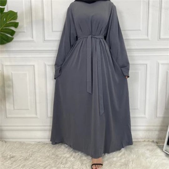 Plan Abaya with Belt and Large Sleeve Grey Color with Dupatta in Firdous Material