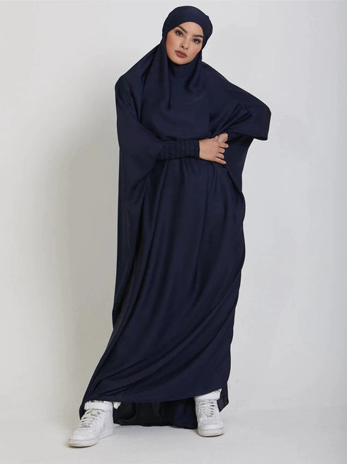 Modest City One-Piece Jilbab Full Sleeve Dolman Style Navy Blue Plain Crepe