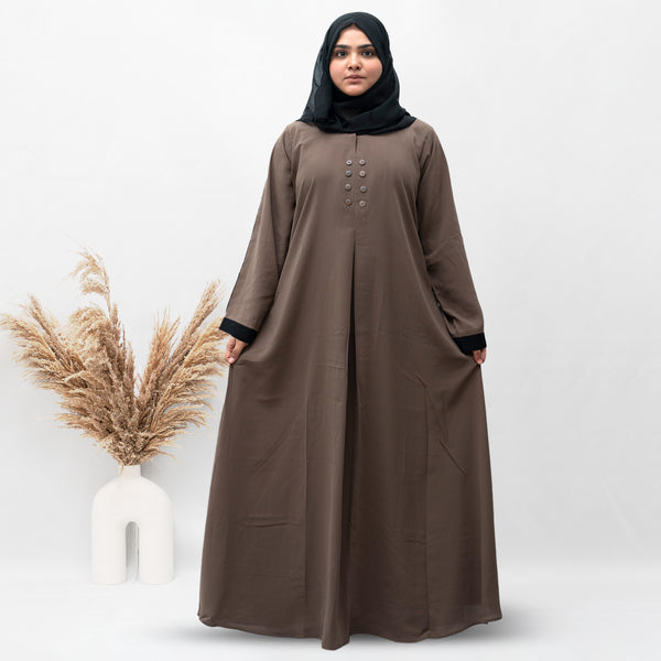 A-line Simple 8 Button Abaya in Dark Brown Color With Hijab