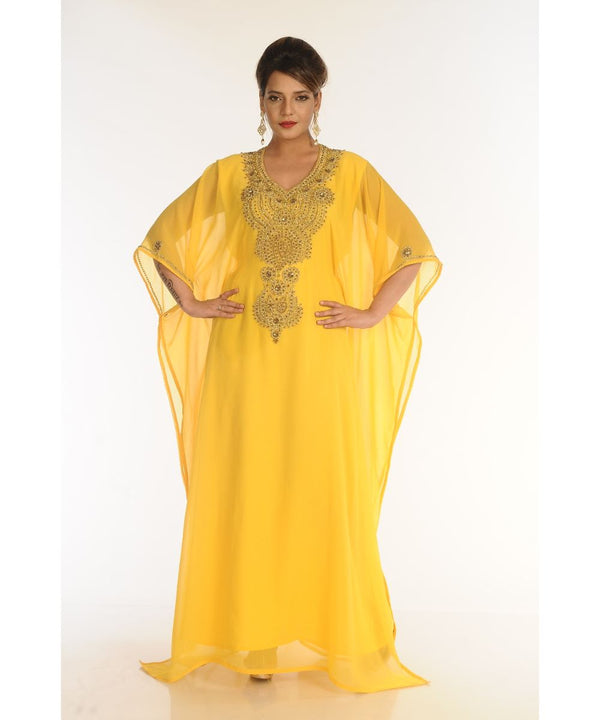Yellow Georgette Embroidered Zari_Work Islamic-Kaftans