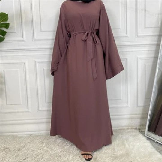 Plan Abaya with Belt and Large Sleeve Dark Pink Color with Dupatta in Firdous Material