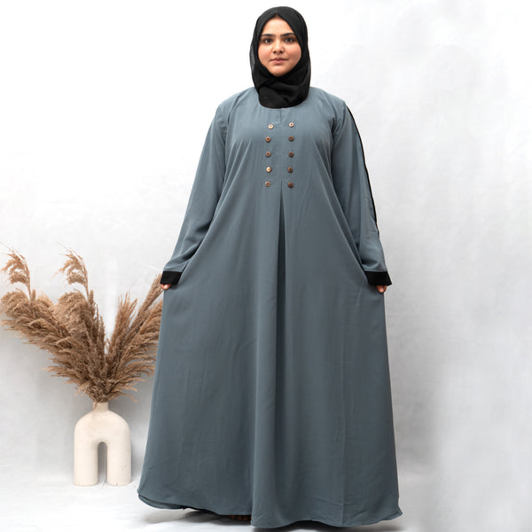 A-line Simple 8 Button Abaya in Grey Color With Hijab