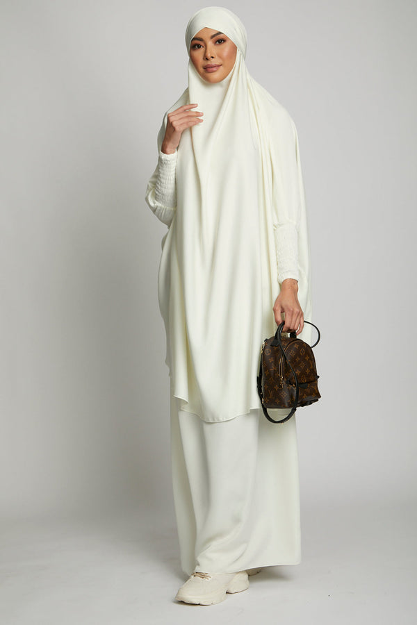 Modest Off-White Two-Piece Jilbab Abaya Set | Plain Crepe Fabric Daily Wear