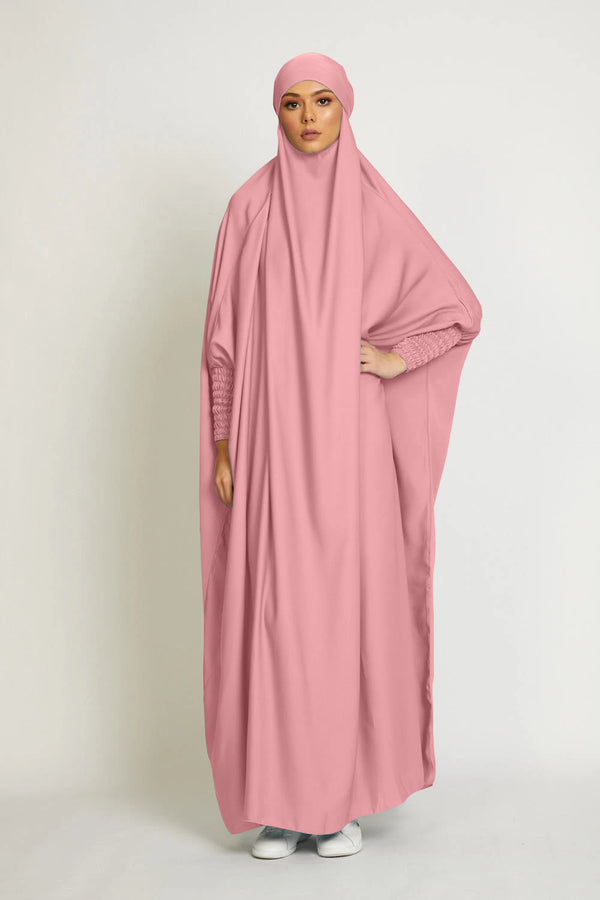 One Piece Full Length Jilbab Khimar Style with Chunnat Slevees/Dolman Sleeves Pink Color