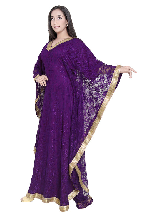 Moroccan Dubai Kaftan Evening Barroso Net fabric Lais Work With In Head Scarf