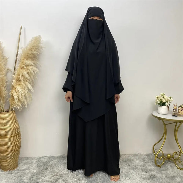 Premium Matching A Line Abaya and Single Layer Khimar :: Black Color :: Firdous Crepe