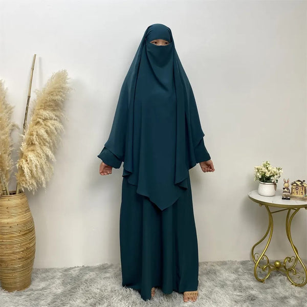 Premium Matching A Line Abaya and Single Layer Khimar :: Blue Color :: Firdous Crepe