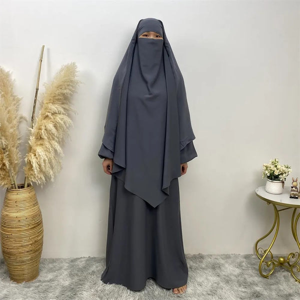 Premium Matching A Line Abaya and Single Layer Khimar :: Grey Color :: Firdous Crepe