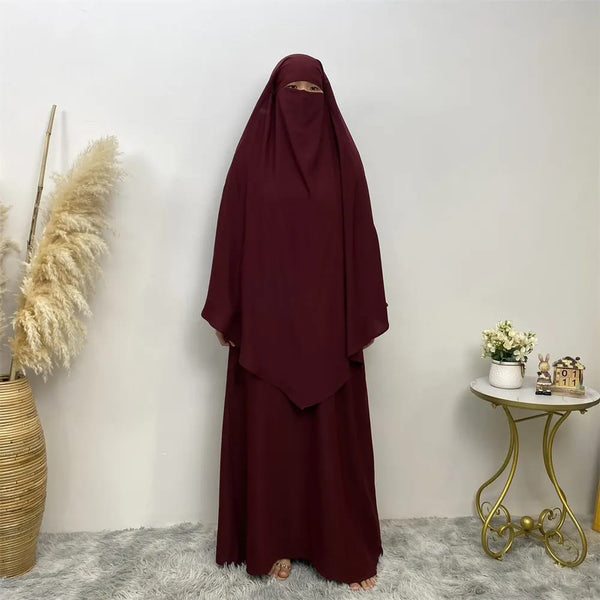 Premium Matching A Line Abaya and Single Layer Khimar :: Maroon Color :: Firdous Crepe