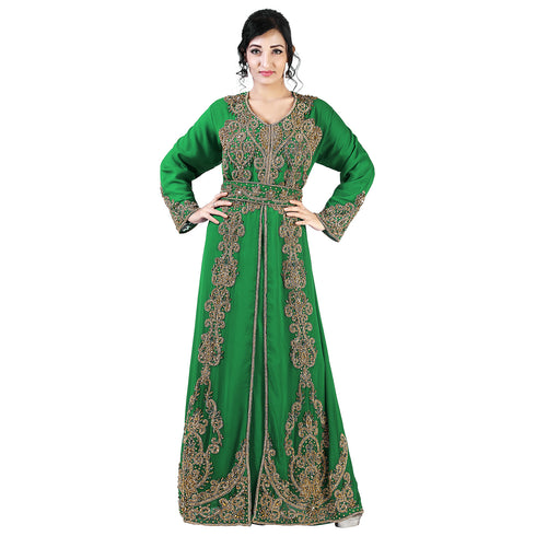 Dark green color luxurious full sleeves Handmade Moroccan Kaftan with Sun-proof hijab.