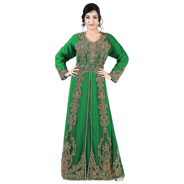 Dark green color luxurious full sleeves Handmade Moroccan Kaftan with Sun-proof hijab.