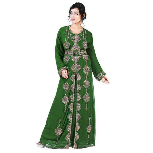 Dark-Green color luxurious Full Sleeves Handmade Moroccan Kaftan With Sun-proof hijab.