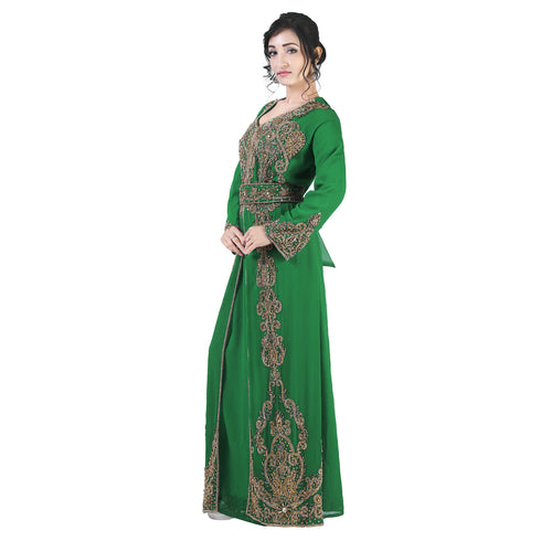 Dark green color luxurious full sleeves Handmade Moroccan Kaftan with Sun-proof hijab.