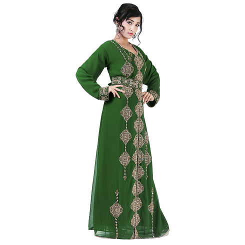 Dark-Green color luxurious Full Sleeves Handmade Moroccan Kaftan With Sun-proof hijab.