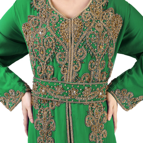 Dark green color luxurious full sleeves Handmade Moroccan Kaftan with Sun-proof hijab.